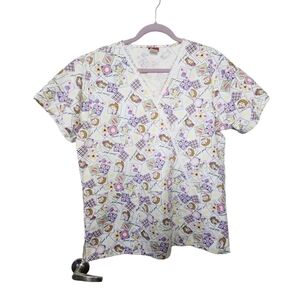 Denice Sweet Girl Lace Pink & Lavender V - Neck Women's Scrub Top Size L